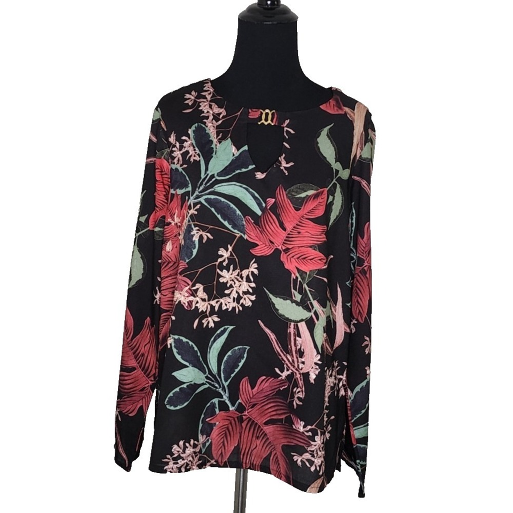 Loja 18 V‎ Neck Black Floral Woman L Tunic Coastal Boho  Lagenlook Split Sides